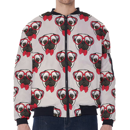 Red Glasses Pug Pattern Print Zip Sleeve Bomber Jacket