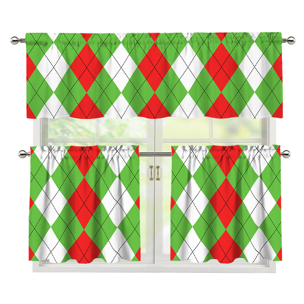 Red Green And White Argyle Pattern Print 3 Piece Kitchen Curtains