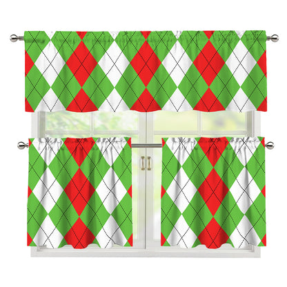 Red Green And White Argyle Pattern Print 3 Piece Kitchen Curtains