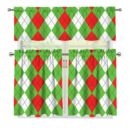 Red Green And White Argyle Pattern Print 3 Piece Kitchen Curtains