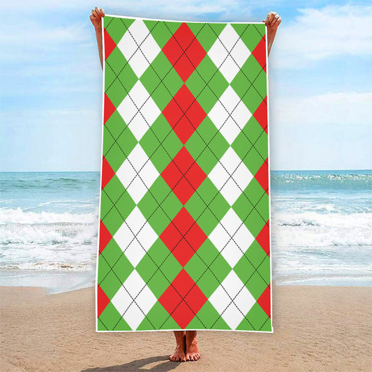 Red Green And White Argyle Pattern Print Beach Towel