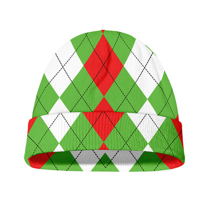 Red Green And White Argyle Pattern Print Beanie