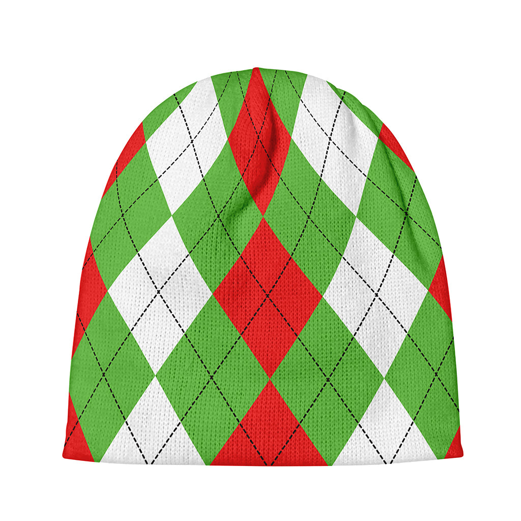 Red Green And White Argyle Pattern Print Beanie