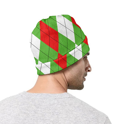 Red Green And White Argyle Pattern Print Beanie