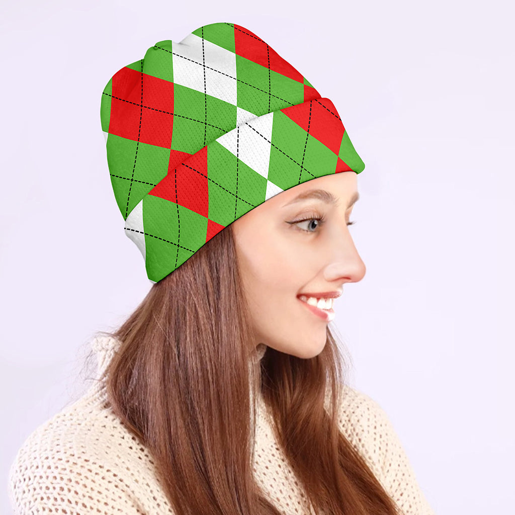 Red Green And White Argyle Pattern Print Beanie