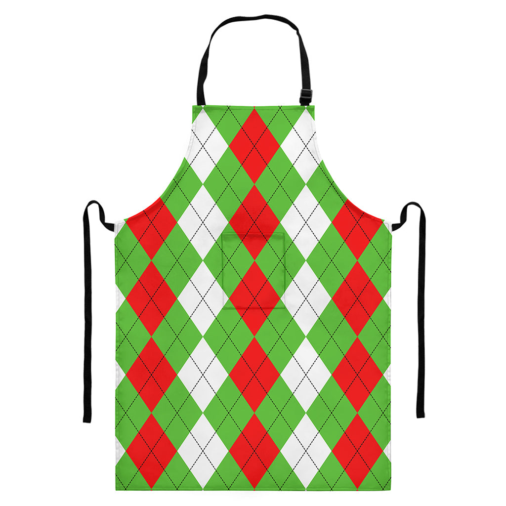 Red Green And White Argyle Pattern Print Bib Apron With Pocket