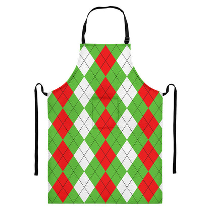 Red Green And White Argyle Pattern Print Bib Apron With Pocket
