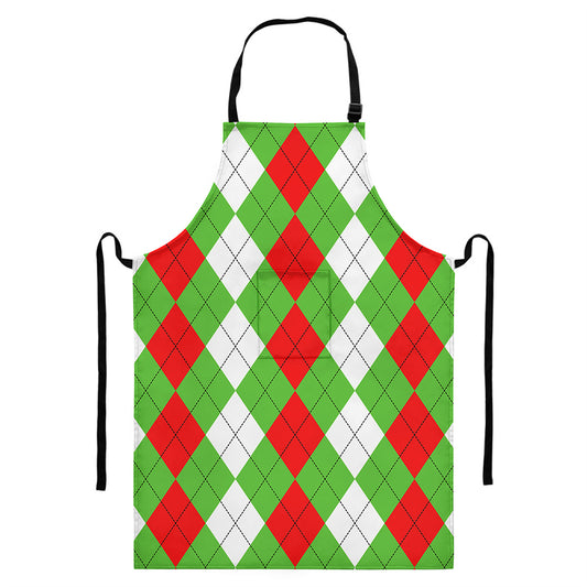 Red Green And White Argyle Pattern Print Bib Apron With Pocket