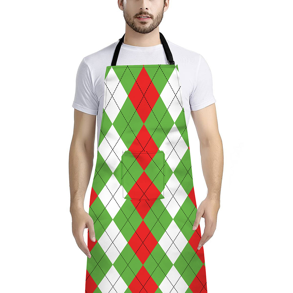 Red Green And White Argyle Pattern Print Bib Apron With Pocket