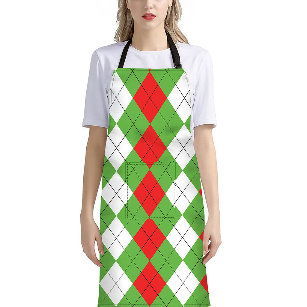 Red Green And White Argyle Pattern Print Bib Apron With Pocket