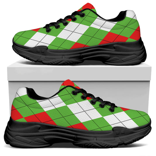 Red Green And White Argyle Pattern Print Black Chunky Shoes