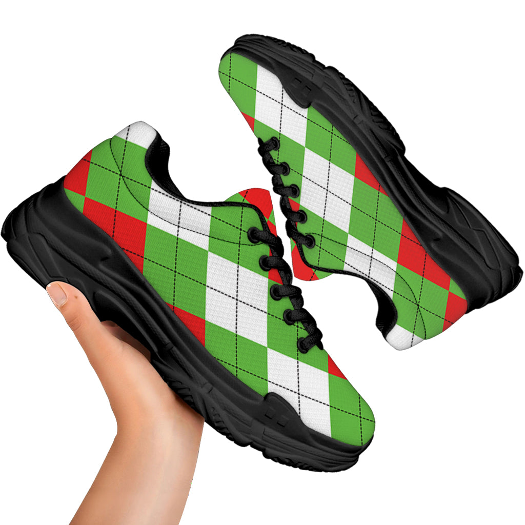 Red Green And White Argyle Pattern Print Black Chunky Shoes