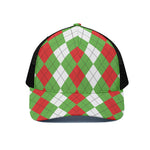 Red Green And White Argyle Pattern Print Black Mesh Trucker Cap