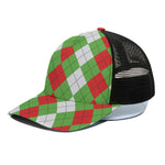 Red Green And White Argyle Pattern Print Black Mesh Trucker Cap