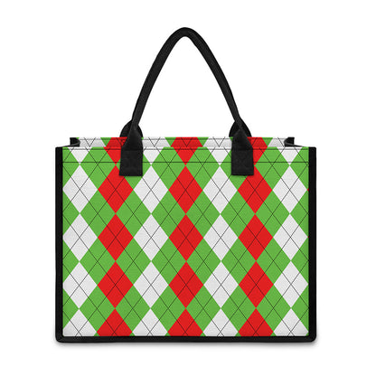 Red Green And White Argyle Pattern Print Canvas Tote Bag