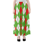 Red Green And White Argyle Pattern Print Chiffon Maxi Skirt