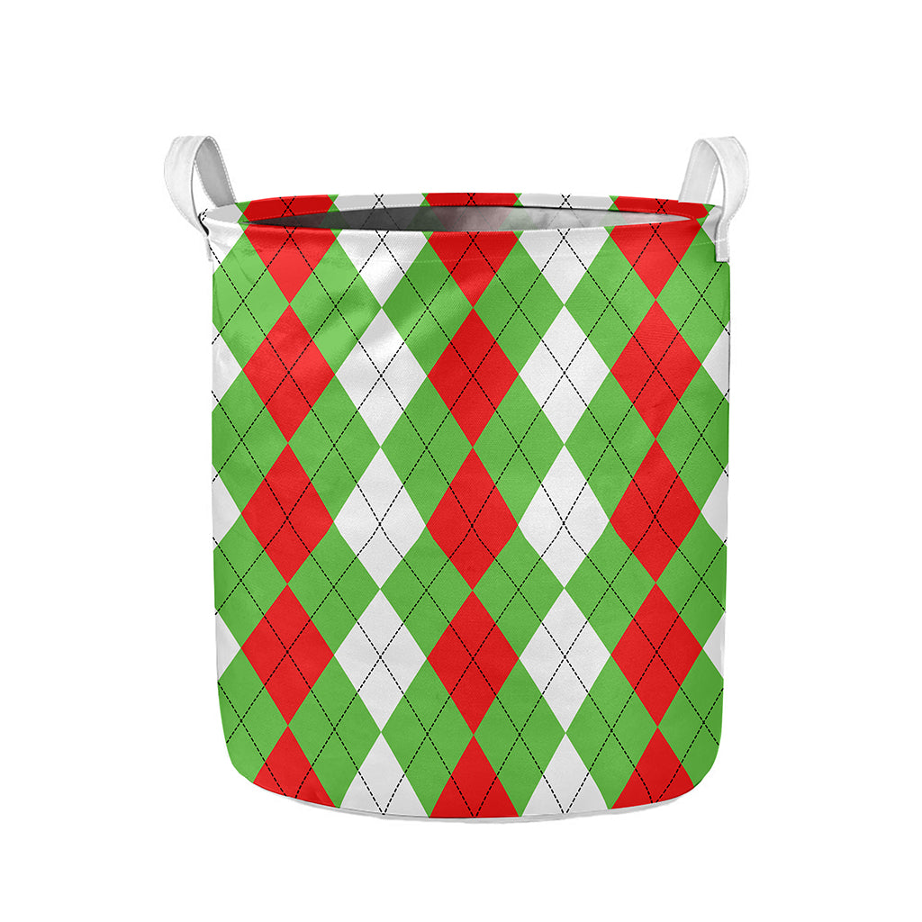 Red Green And White Argyle Pattern Print Collapsible Laundry Basket