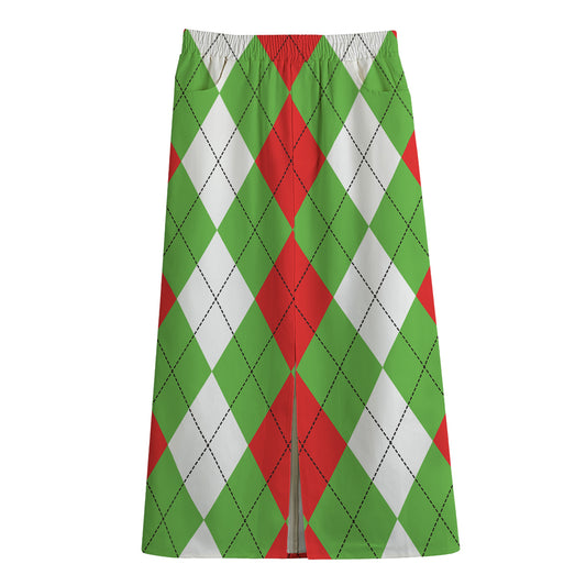 Red Green And White Argyle Pattern Print Cotton Front Slit Maxi Skirt