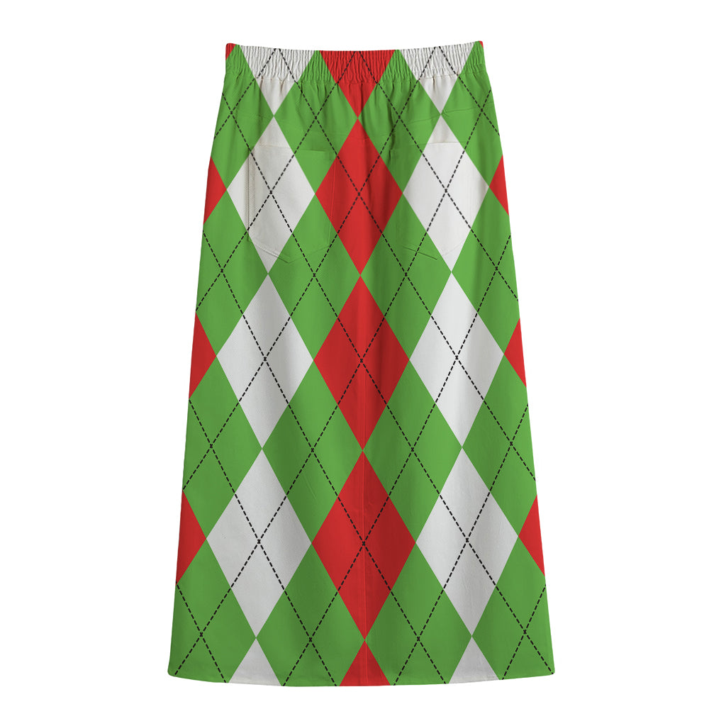 Red Green And White Argyle Pattern Print Cotton Front Slit Maxi Skirt