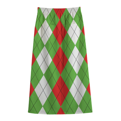 Red Green And White Argyle Pattern Print Cotton Front Slit Maxi Skirt