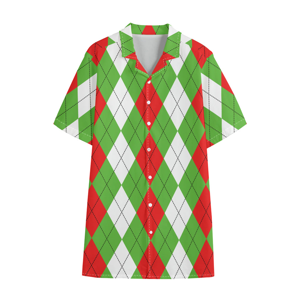 Red Green And White Argyle Pattern Print Cotton Hawaiian Shirt