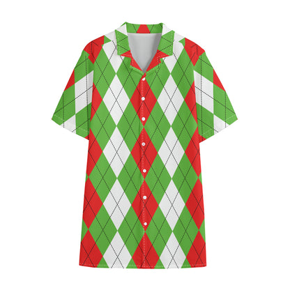 Red Green And White Argyle Pattern Print Cotton Hawaiian Shirt
