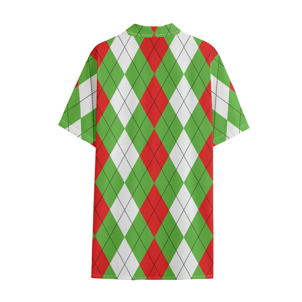 Red Green And White Argyle Pattern Print Cotton Hawaiian Shirt