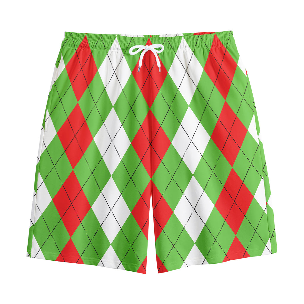 Red Green And White Argyle Pattern Print Cotton Shorts