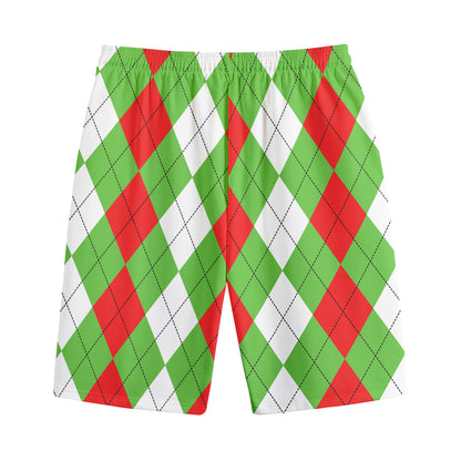 Red Green And White Argyle Pattern Print Cotton Shorts