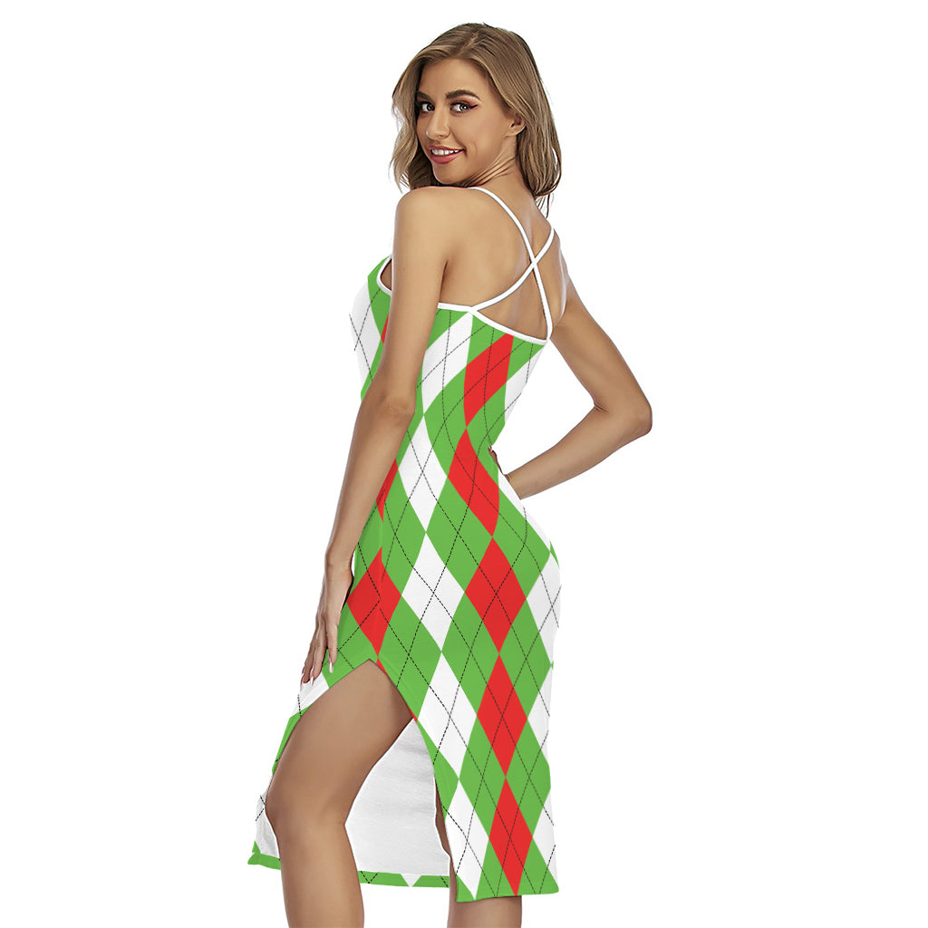Red Green And White Argyle Pattern Print Cross Back Cami Dress