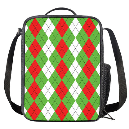 Red Green And White Argyle Pattern Print Crossbody Lunch Bag