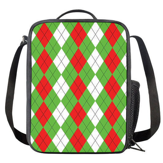 Red Green And White Argyle Pattern Print Crossbody Lunch Bag