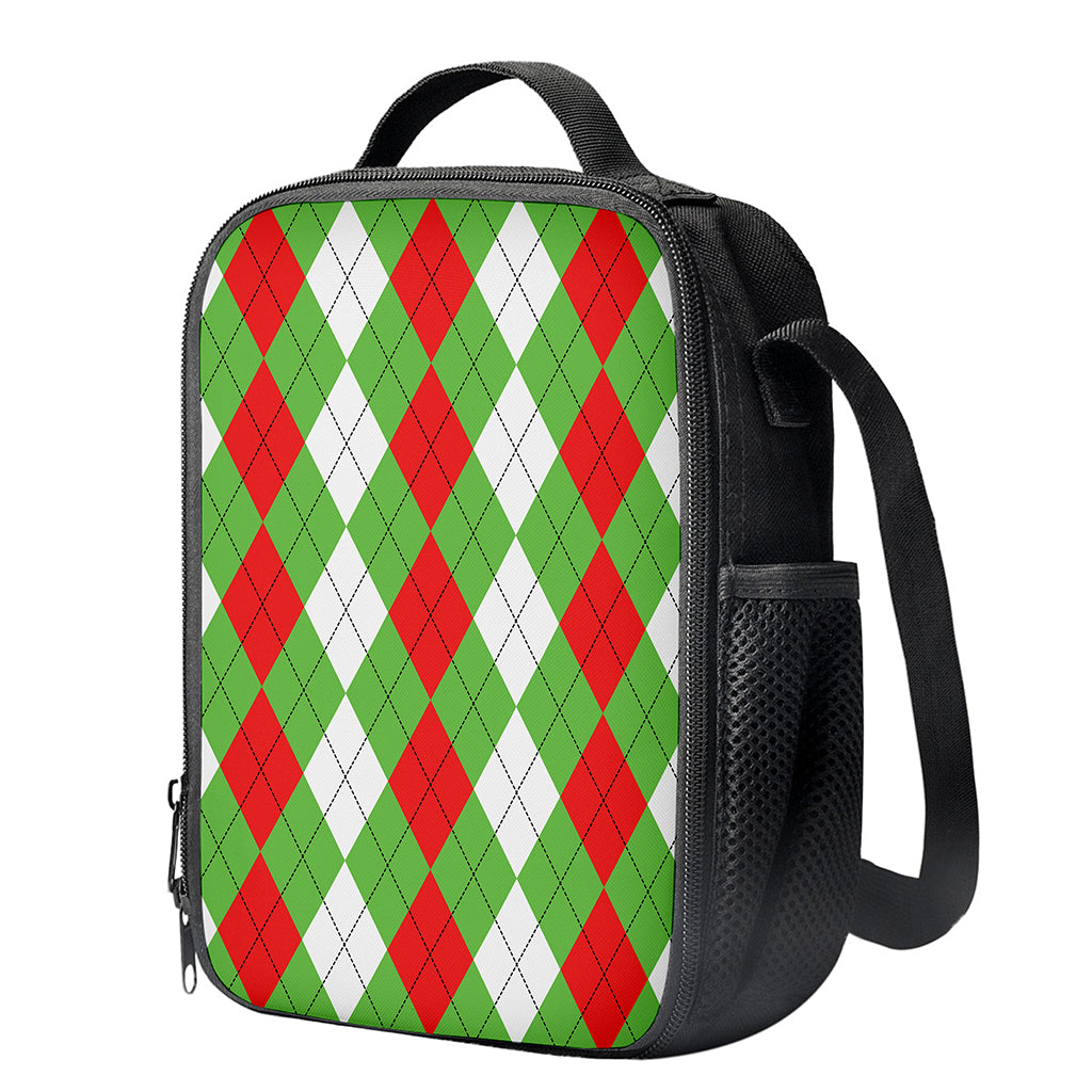 Red Green And White Argyle Pattern Print Crossbody Lunch Bag