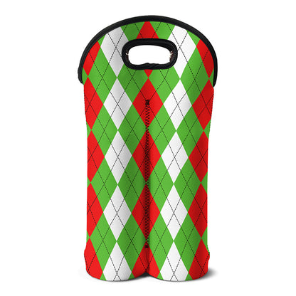 Red Green And White Argyle Pattern Print Double Neoprene Wine Tote