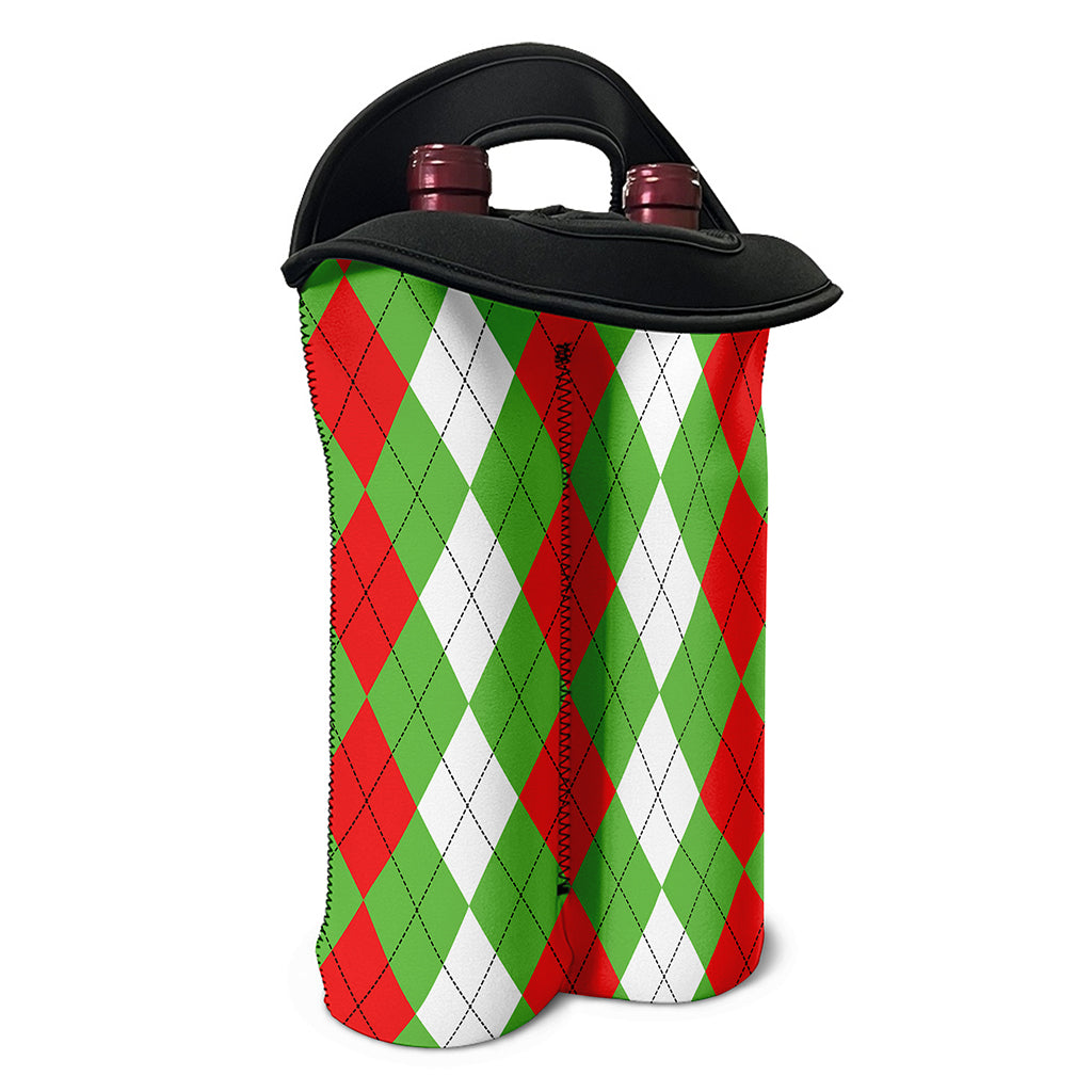 Red Green And White Argyle Pattern Print Double Neoprene Wine Tote