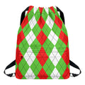 Red Green And White Argyle Pattern Print Drawstring Backpack