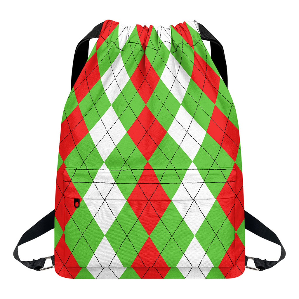 Red Green And White Argyle Pattern Print Drawstring Backpack