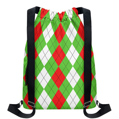 Red Green And White Argyle Pattern Print Drawstring Backpack