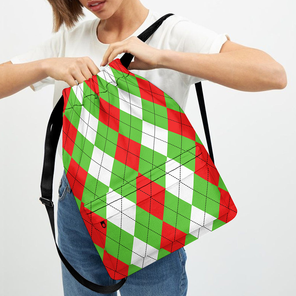 Red Green And White Argyle Pattern Print Drawstring Backpack