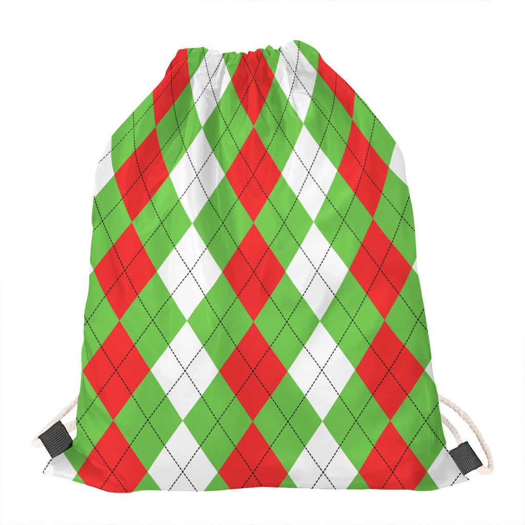 Red Green And White Argyle Pattern Print Drawstring Bag