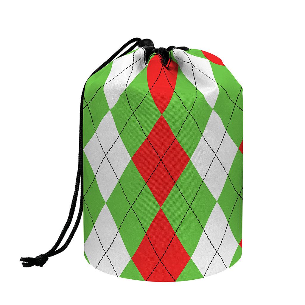 Red Green And White Argyle Pattern Print Drawstring Makeup Bag