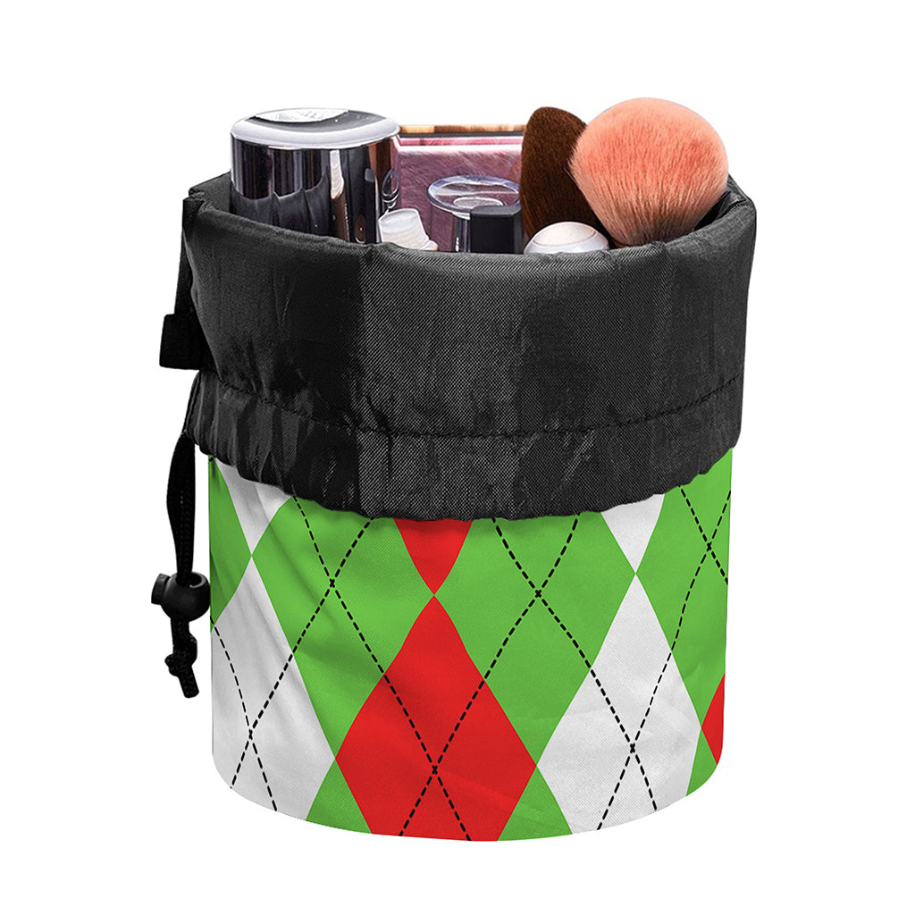 Red Green And White Argyle Pattern Print Drawstring Makeup Bag