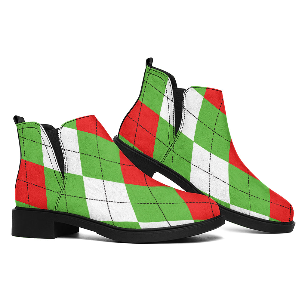 Red Green And White Argyle Pattern Print Flat Ankle Boots