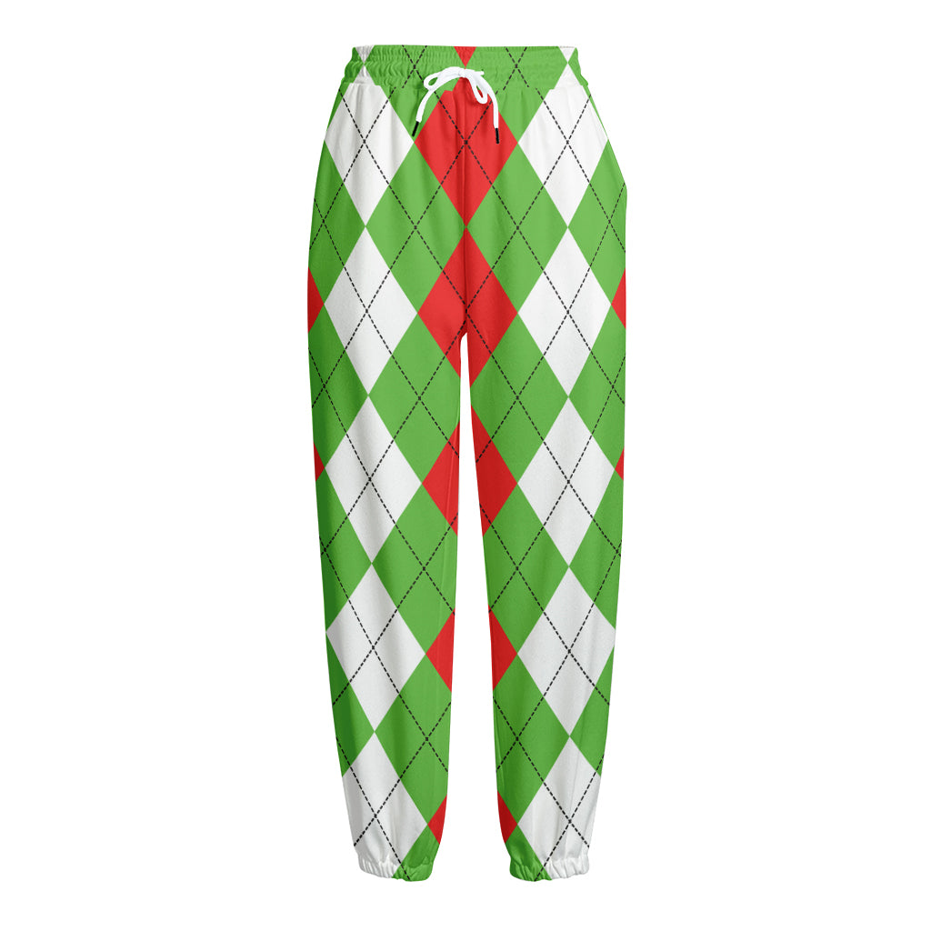 Red Green And White Argyle Pattern Print Fleece Lined Knit Pants