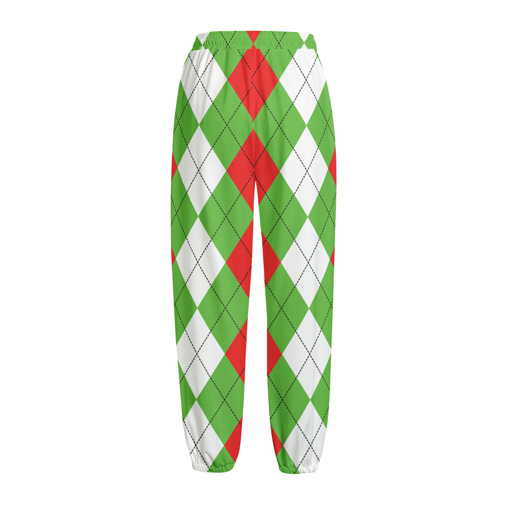 Red Green And White Argyle Pattern Print Fleece Lined Knit Pants