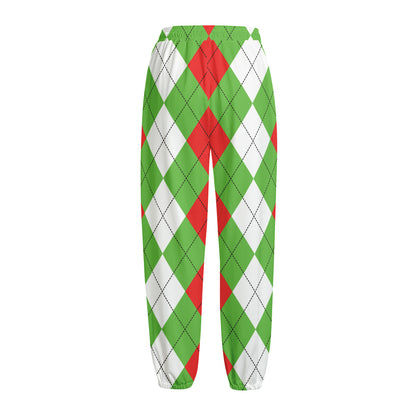 Red Green And White Argyle Pattern Print Fleece Lined Knit Pants