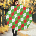 Red Green And White Argyle Pattern Print Foldable Umbrella