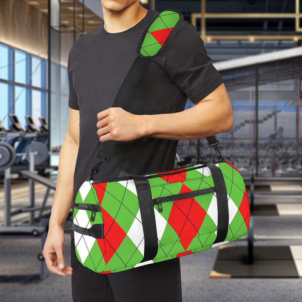 Red Green And White Argyle Pattern Print Gym Bag