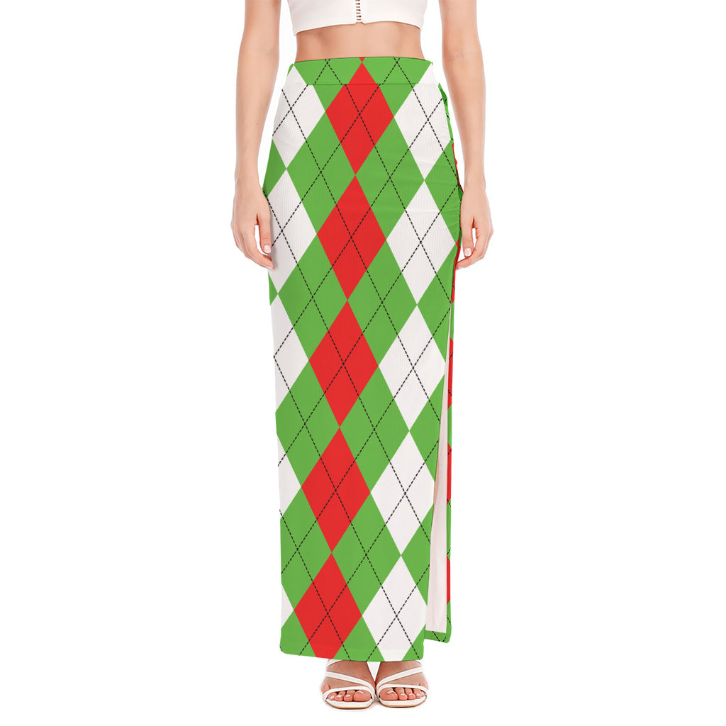 Red Green And White Argyle Pattern Print High Slit Maxi Skirt