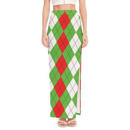 Red Green And White Argyle Pattern Print High Slit Maxi Skirt